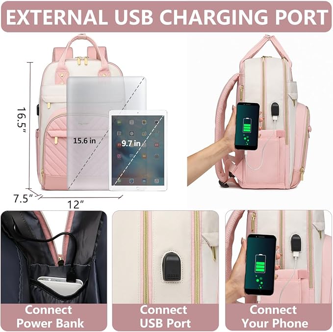bagswan Laptop Backpack for Women Work - 15.6 Inch Travel Backpack Fashion Work Business Backpacks Purse Warterproof College Teacher Nurse Computer Daypack Beige Pink
