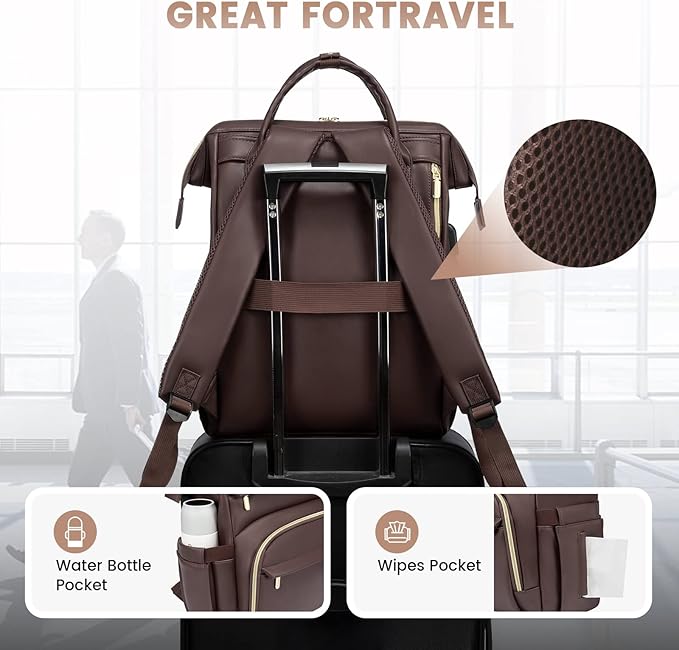LOVEVOOK Leather Laptop Backpack for Women 17 inch, Travel Backpack Purse Nurse Teacher Computer Laptop Bag, Professional College Business Work Bags Carry On with USB Port, Coffee