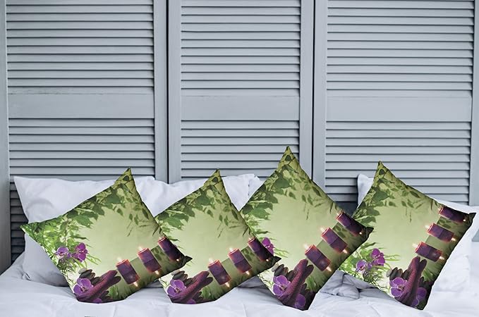 Ambesonne Spa Throw Pillow Cushion Case Pack of 4, Stones Aromatic Candles and Orchids Blooms Treatment Vacation, Modern Accent Double-Sided Digital Printing, 24", Green Purple