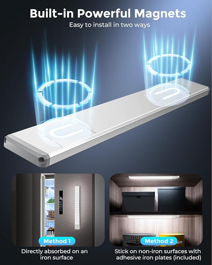 Under Cabinet Lighting - 14.7" Motion Sensor Light Indoor, Magnetic Wireless Closet Lights, Dimmable Led Night Light, Rechargeable Under Counter Lights for Kitchen, Bedroom, Stair, 2 Pack