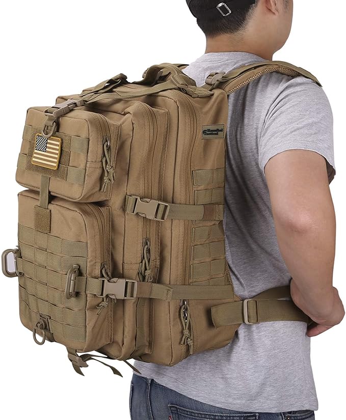 Hannibal Tactical MOLLE Assault Pack, Tactical Backpack Military Army Camping Rucksack, 3-Day Pack Trip w/USA Flag Patch, D-Rings, Coyote