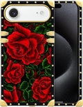 for iPhone 17 Air Case Luxury Golden Decoration for Girl Women Soft TPU Shockproof Protective Hard PC Back for iPhone 17 Air Crazy Pattern Vector Red Rose Green Leaf