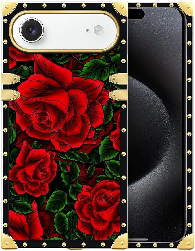 for iPhone 17 Air Case Luxury Golden Decoration for Girl Women Soft TPU Shockproof Protective Hard PC Back for iPhone 17 Air Crazy Pattern Vector Red Rose Green Leaf