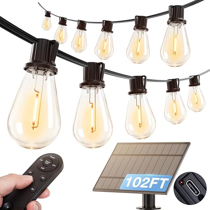 addlon 102FT(96FT+6) Solar String Lights Outdoor Waterproof with USB Port & Remote Control Solar Patio Lights for Outside Solar Powered with 52 LED Dimmable Bulbs for Porch Garden Deck Halloween