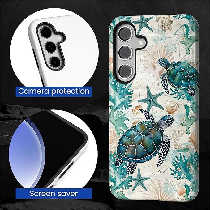 for Samsung Galaxy S24 FE Case,HL2 Ocean Sea Turtle Nautical Map Hybrid 2 Layer Hard Shell Silicone Protective Pattern Design Case
