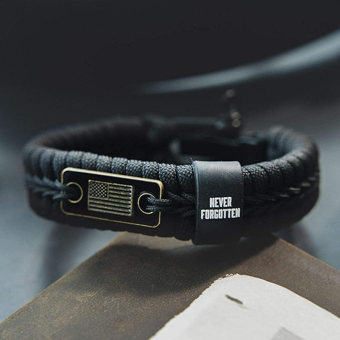 Hero Company Never Forgotten Paracord Bracelet - Tactical Survival Bracelet for Men with Bronze USA Flag - Helps Pair Military Veterans with a Companion Dog