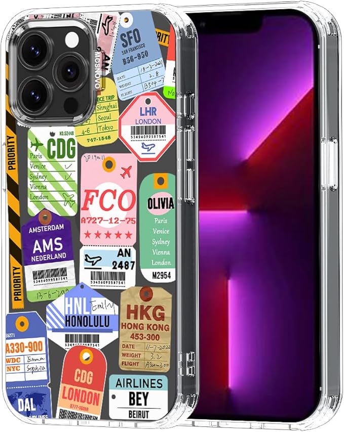 MOSNOVO Case for iPhone 13 Pro Max, [Buffertech 6.6ft Military-Grade Drop Protection] [Anti Peel Off Tech] Clear TPU Bumper Phone Case Cover Design - Air Ticket Labels