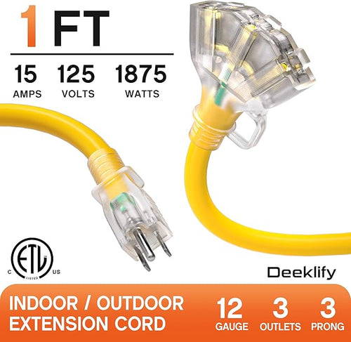 1 ft 12 Gauge Heavy Duty 3 Outlet Extension Cord Splitter with Indicator, Waterproof Outdoor Extension Cord with Multiple Outlets, 15A 1875W for Workshop, ETL Listed, Flexible Yellow SJTW