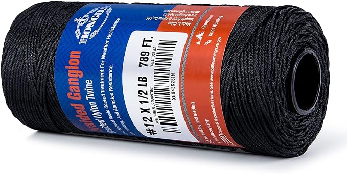 HONGDA Braided Tarred Bank Line Braided Nylon Twine, 789 Feet #12 Bank Line, Black Tarred String 1.2mm for Gardening, Construction, Gear Tying, Jungle Survival, Trotline