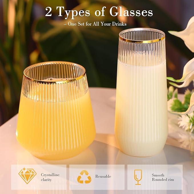 48 Pack Ribbed Plastic Wine Glasses – 24 x 9oz Stemless Champagne Flutes & 24 x 12oz Disposable Wine Glasses – Elegant Disposable Plastic Cups with Gold Rim – BPA-Free Drinkware for Weddings, Parties