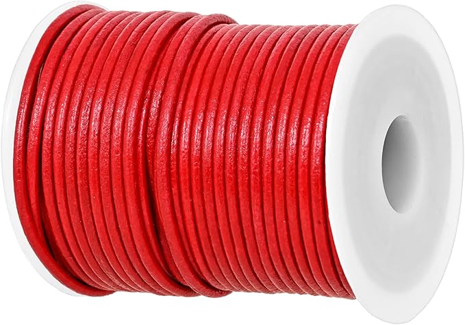GENIQUE Real/Genuine Round Leather String Cord for Necklace, Bracelets, Jewelry, Kumihimo Braiding, DIY Projects (20 Metres) (2mm, Red)