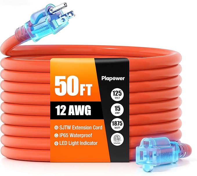 Outdoor Extension Cord 50 FT Waterproof, 12/3 Gauge Heavy Duty 3 Prong Power Cord with Lighted Indicator End,15A 125V 1875W SJTW, ETL Listed, Great for Lawn/Garden/Home(Orange)