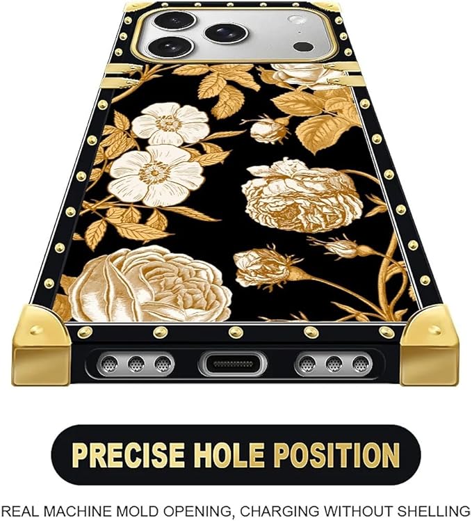 for iPhone 17 Pro Max Case Luxury Golden Decoration for Girl Women Soft TPU Shockproof Protective Hard PC Back for iPhone 17 Pro Max Crazy Pattern Blooming Rose Golden Flower
