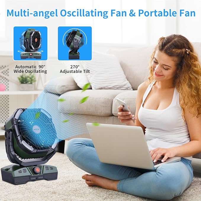 WESTTREE Camping Fan 20000mAh Rechargeable Battery Operated fan Outdoor Tent Fan with Light & Hook, knob Speeds, Personal USB Desk Fan for Camping, Power Outage Jobsite Green X68