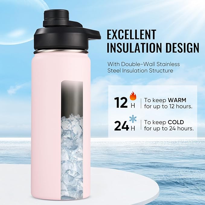 Fijinhom 18 oz Insulated Water Bottle with Handle, 304 Stainless Steel Water Bottles with Wide Mouth, Double Wall Vacuum Sports Water Bottle, BPA Free, Keep Cold and Hot, Pink