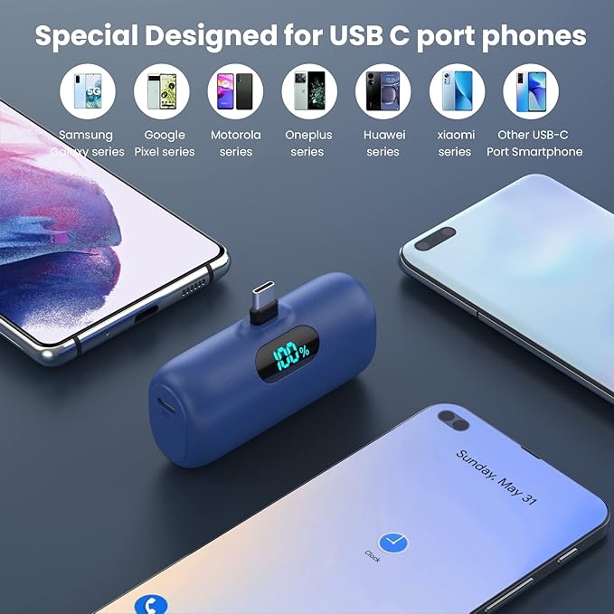 Feob Mini Portable Charger 5000mAh Power Bank,15W PD USB C Cell Phone Portable Power,LCD Display Battery Pack Compatible with iPhone 17/Air/17 Pro/17Pro Max/16/15 Android/Samsung/Moto(Type-C Only)