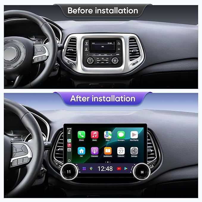 Car Stereo Radio for Jeep Compass 2017-2020 Wireless CarPlay Android Auto GPS Navigation Head Unit Touch Screen Radio Replacement Installation Kit Upgrade (Double Knobs 6+128)