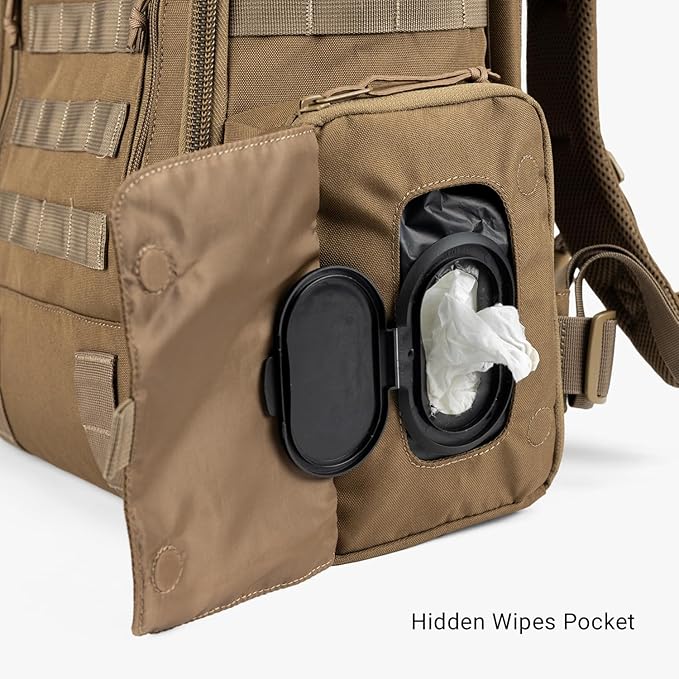 Tactical Baby Gear Daypack Tactical Diaper Bag Backpack for Dads - MOLLE compatible, Built-in Changing Mat, Stroller Straps (Coyote Brown 4th Gen)