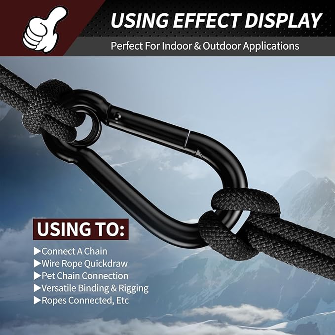 Spring Snap Hooks, Black Carabiner Clip, Heavy Duty Rope Connector, Quick Link Carabiners Spring Snap Hooks for Indoor & Outdoor, Camping, Fishing