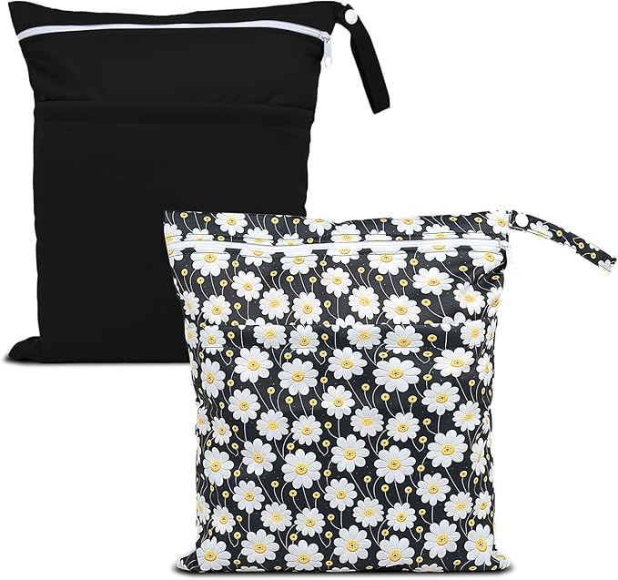 Wet Dry Bags 2 Pack,Waterproof Reusable Travel Bags for Swimsuits,Baby Cloth Diapers,Beach,Pool,Gym Bag & Wet Clothes with 2 Pockets -Daisy