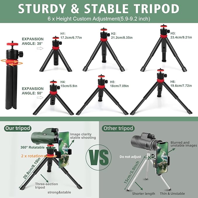 12x56 High Power Monocular Telescope for Adults | Comes with Smartphone Adapter Tripod Travel Bag | Bird Watching Hunting Hiking Camping Gift - Green