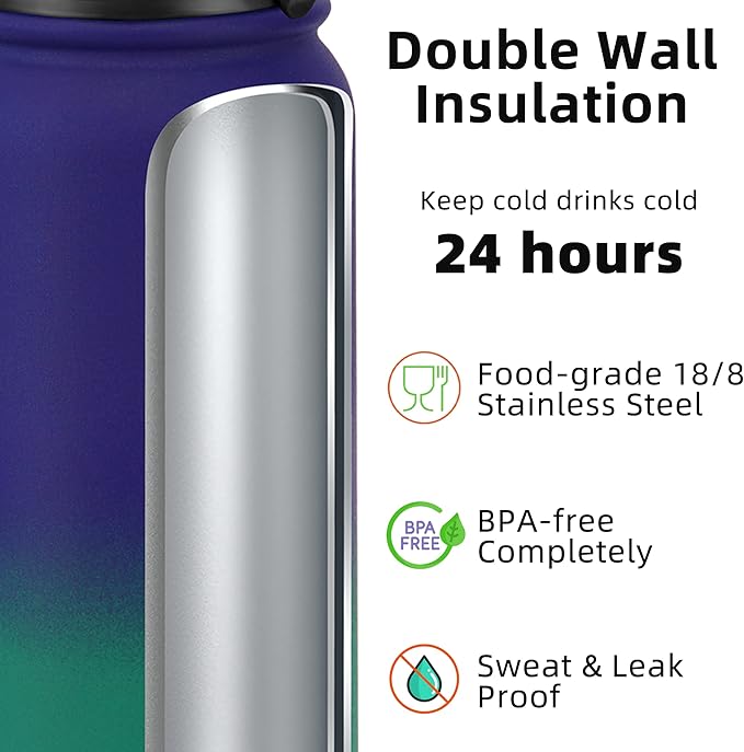 Fanhaw 32 oz Insulated Stainless Steel Water Bottle with Straw Lid, Leakproof Sports Bottle for Men, Women & Teens (Purple Green)
