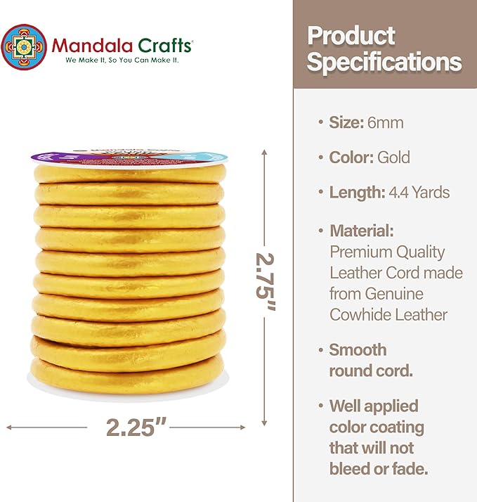 Mandala Crafts Round Genuine Gold Leather Cord for Jewelry Making – 6mm Cowhide Leather Rope String Lace for Kumihimo – 4.4 Yards Cowhide Craft Cording Spool