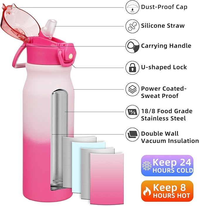 BJPKPK Insulated Water Bottle 25oz Stainless Steel Water Bottles with Straw and Carry Handle Double Wall Metal Thermal Flask