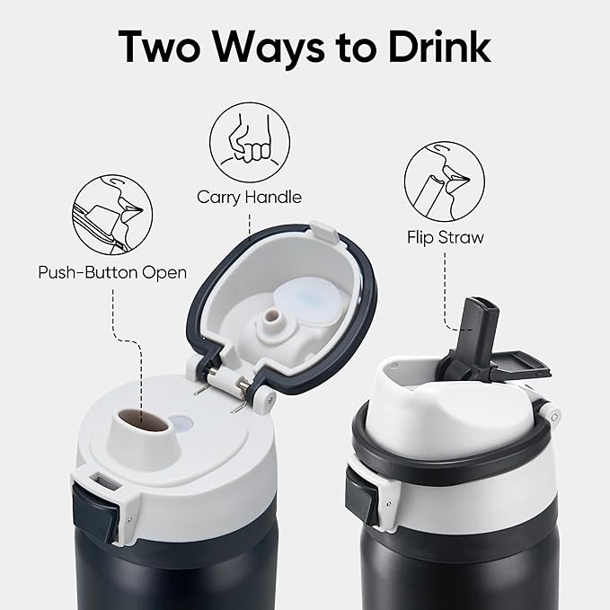 Fijinhom 24 oz Insulated Water Bottle with 2-in-1 Straw and Spout Lid, Stainless Steel Double Wall Vacuum Flask, Sports Water Bottle Keeps Cold 24H, Leak Proof for Gym, Outdoor, Travel (Black)