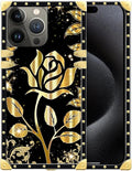 Compatible with iPhone 16 Pro Max Case, Shine Gold Rose Luxury Golden Decoration for Girl Women Soft TPU Shockproof Protective Hard PC Back for iPhone 16 Pro Max