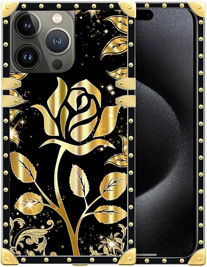 Compatible with iPhone 16 Pro Max Case, Shine Gold Rose Luxury Golden Decoration for Girl Women Soft TPU Shockproof Protective Hard PC Back for iPhone 16 Pro Max