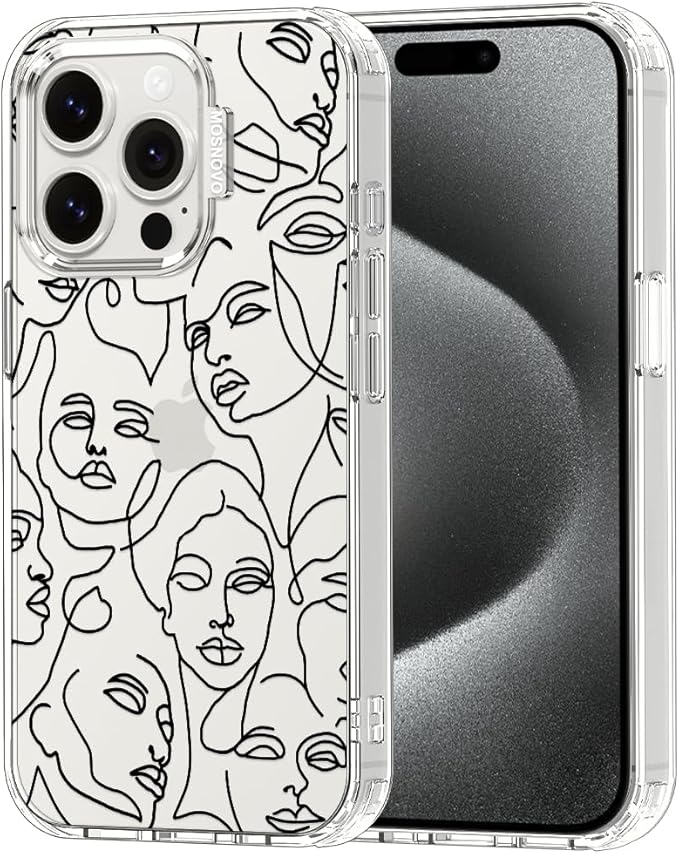 MOSNOVO Case for iPhone 15 Pro, [Buffertech 6.6ft Military-Grade Drop Protection] [Anti Peel Off Tech] Clear TPU Bumper Phone Case Cover Design - Abstract Face Line Art