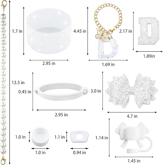 9PCS White for Stanley Cup Accessories Set Bling Initials Bow Charms for Stanley Decorations 30/40 Oz Tumbler Accessories Including Bow Straw Topper, Handle Strap, Spill Stopper（Letter D）