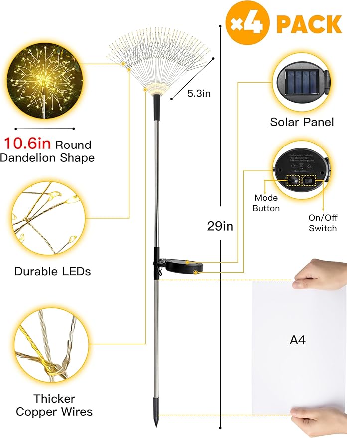 suddus Solar Garden Lights Outdoor Waterproof Decorative, 4Pack 150LED Firework Lights, Solar Fairy Lights for Yard, Garden, Patio, Pathway, Flowerbed, Party, Wedding Outside Decor- Warm White