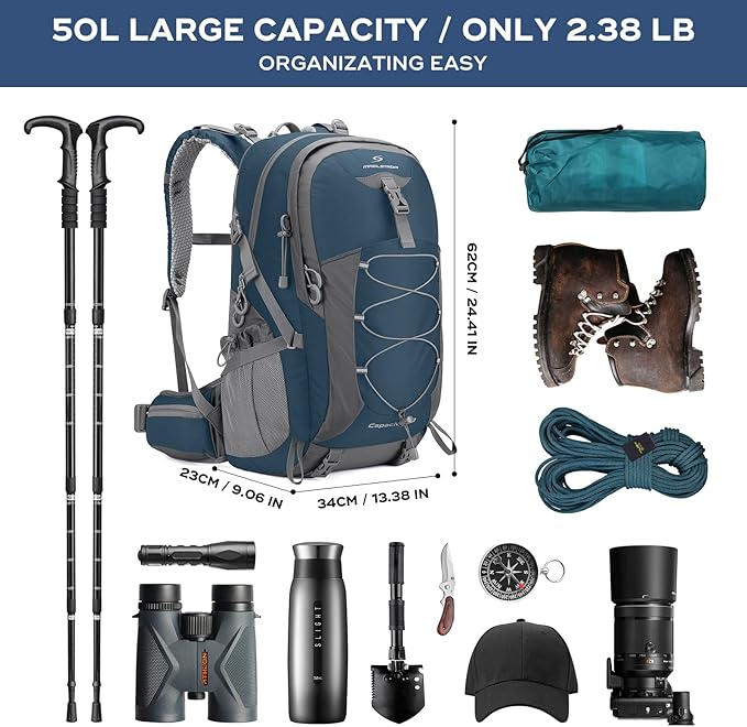 Maelstrom Hiking Backpack,Camping Backpack,50L Waterproof Hiking Daypack with Rain Cover,Lightweight Travel Backpack,Blue
