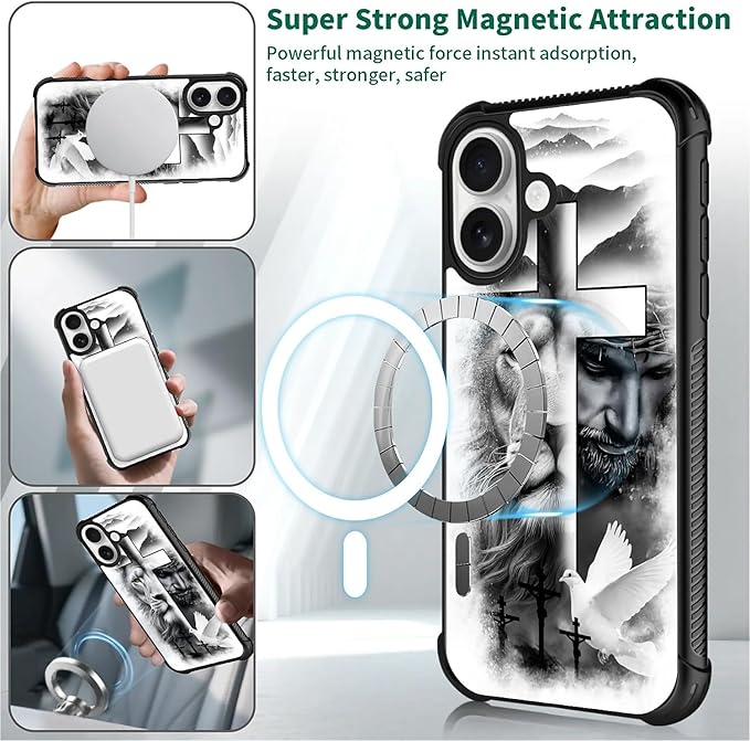 for iPhone 17 Case,for MagSafe Graphic Design for Girl Boy Soft Silicone Hard Acrylic Shock Protection Designed for iPhone 17 Lion Cross Jesus Christ Dove Pattern