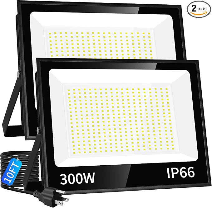 ISUERFY 300W LED Flood Light Outdoor with Plug, 36000LM Ultra Brighter Security Light, IP66 Waterproof Exterior Plug in Floodlight, 5000K Daylight White for Lawn Yard Garden Stadium(2 Pack)