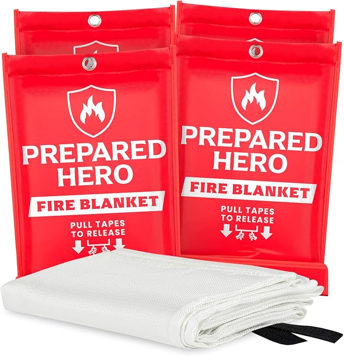 Prepared Hero Emergency Fire Blanket - 4 Pack - Fire Suppression for Kitchen, 39” x 39” Fiberglass Fire Blanket for Home