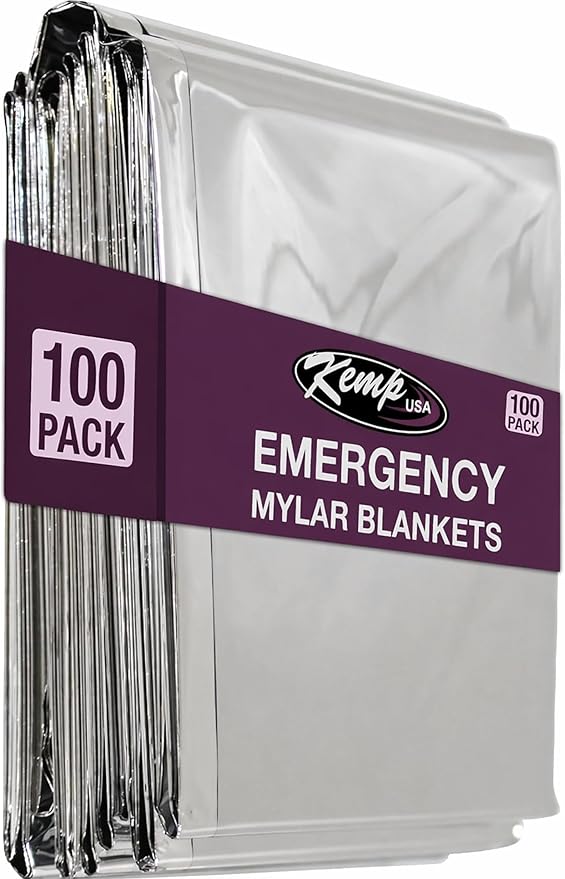 Kemp USA Emergency Mylar Blanket Lightweight Thermal Reflective Survival Blanket First Aid Disaster Preparedness Camping Vehicle Bug Out Bag Emergency Supply Gear (100)