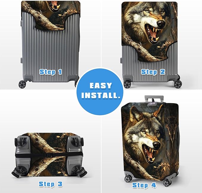 Luggage Cover Protector for 19-20 Inch Suitcases, TSA Approved Elastic Travel Suitcase Covers, Anti-Scratch Washable Luggage Sleeve for Carry On & Checked Bags, Fierce Wolf