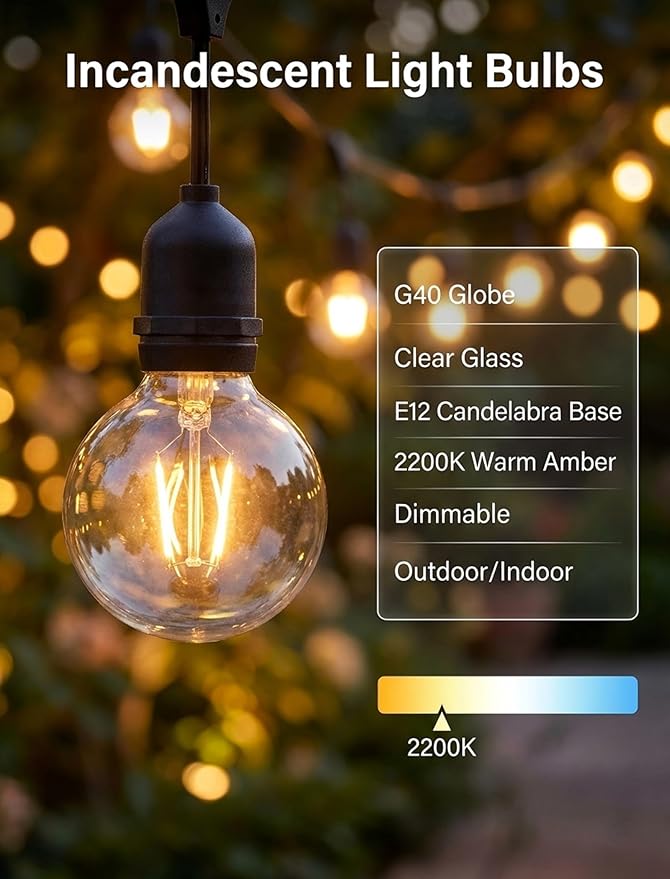 G40 Replacement Bulbs, 15 Pack Incandescent Light Bulbs for Outdoor String Lights, 5 Watt E12 Bulb Candelabra Base, Clear Globe Light Bulbs for Patio Cafe Garden Decor, Warm White 120V 5W