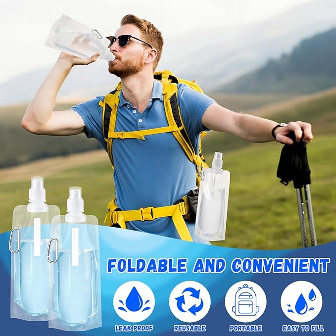 Teenyyou 24 Pack Collapsible Water Bottles Bulk 16oz Foldable Water Bottles with Carabiner Reusable Drinking Leak Proof Container Bags for Sport Biking Hiking Camping Travel Outdoor (Transparent)