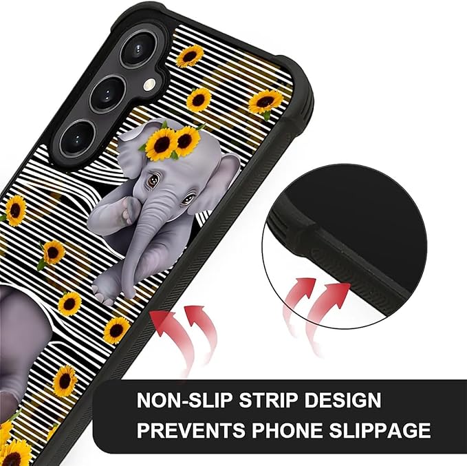 for Samsung Galaxy S23 FE Case, Cute Little Elephant Sunflower White Line Art Pattern Graphic Design Soft Silicone Hard Acrylic Shock Protection for Samsung Galaxy S23 FE