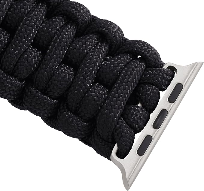 Savior Survival Gear Paracord Watch Band,Compatible with Apple Watch Band 49mm 46mm 45mm 44mm 42mm,iWatch Band Series Ultra 10 9 8 7 6 5 4 3 2 1 SE,Adjustable strap for men(Black w/ Gray Clasp, Large)