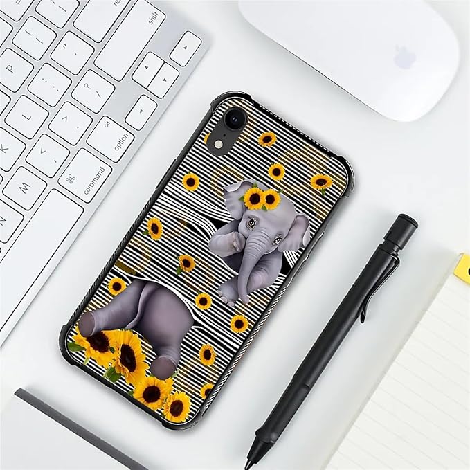 for iPhone XR Case, Cute Little Elephant Sunflower White Line Art Pattern Graphic Design Girl Boy Soft Silicone Hard Acrylic Shock Protection for iPhone XR