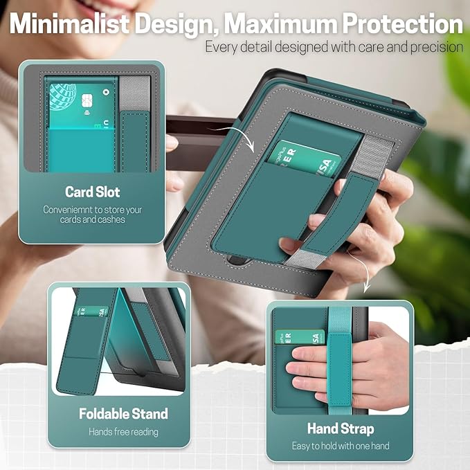 TNP Stand Case for Kindle Paperwhite 12th Generation 2024 / Kindle Colorsoft Signature Edition with Hand Strap & Card Slot - 7" PU Leather Protective Folio Cover with Auto Wake/Sleep, Dark Green