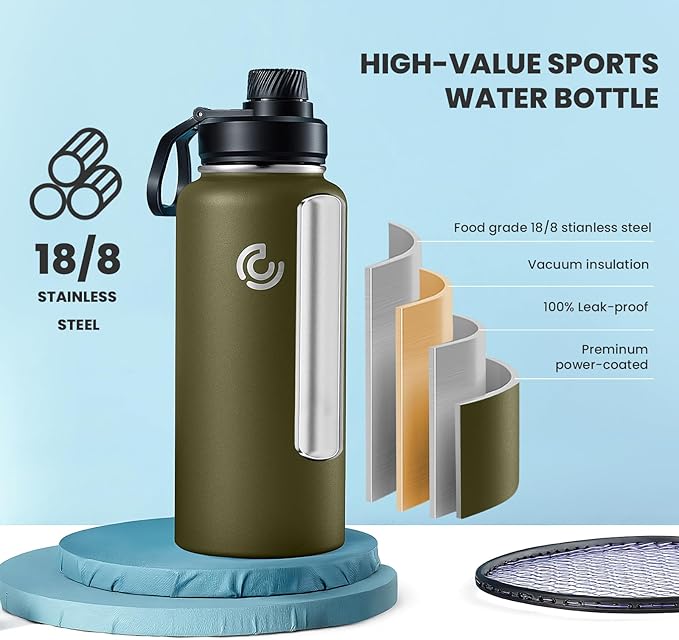 Sports Water Bottle 32oz, Insulated Water Bottle with Handle,Stainless Steel,Simple Modern,Suitable for Travel, School, Boy, Girl(Army Green)