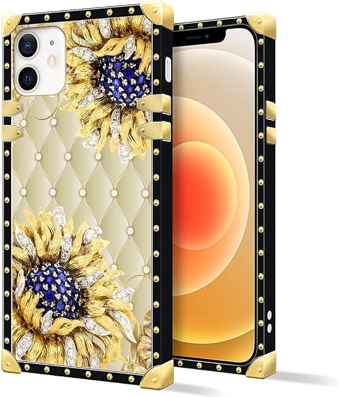 Compatible with iPhone 11 Case, Sunflower Diamonds Leather Luxury Golden Decoration for Girl Women Soft TPU Shockproof Protective Hard PC Back for iPhone 11