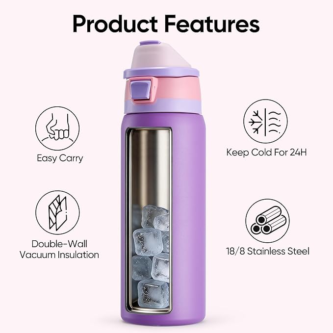Fijinhom 32 oz Insulated Water Bottle with 2-in-1 Straw and Spout Lid, Stainless Steel Double Wall Vacuum Flask, Sports Water Bottle Keeps Cold 24H, Leak Proof for Gym, Outdoor, Travel (Purple)