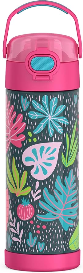 THERMOS FUNTAINER 16 Ounce Stainless Steel Vacuum Insulated Bottle with Wide Spout Lid, Tropical Foliage